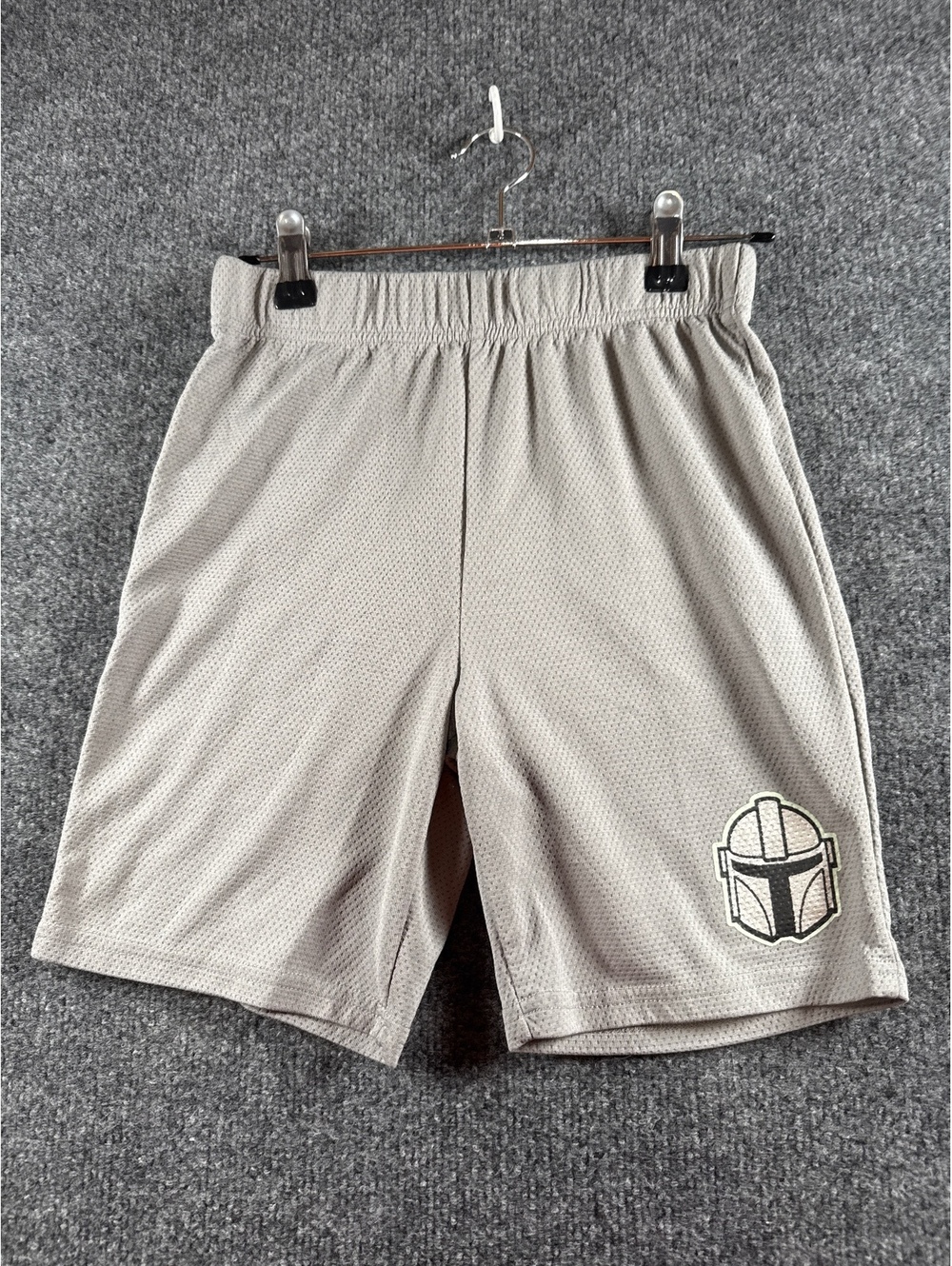 Star Wars Mandalorian Boys Size 8 Gray Mesh Athletic Shorts Helmet Graphic